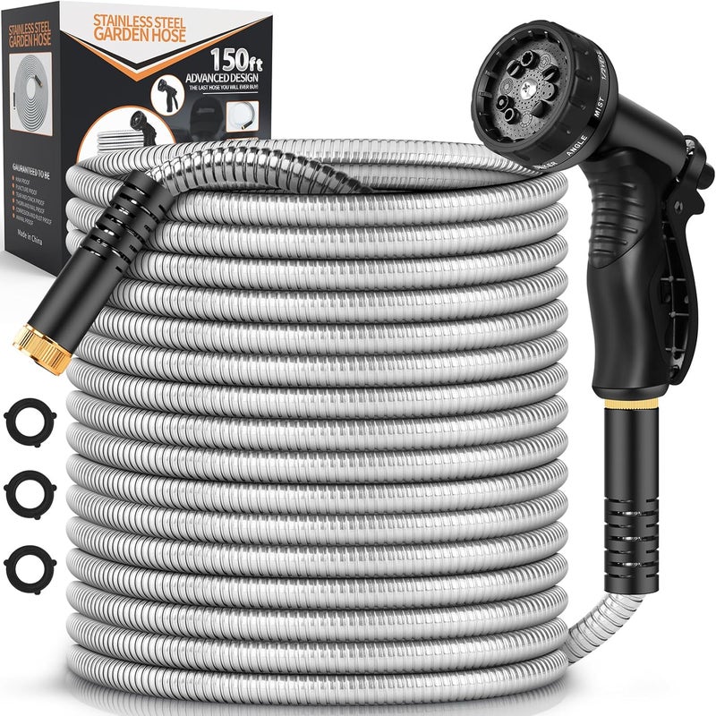 Rcfunkid Garden Hose Metal 150FT, Stainless Steel Heavy Duty Water Hose With 10 Function Nozzle, No-Kink, Tough & Flexible, Sturdy and Lightweight, Rust Proof for Yard, Outdoor, RV - Image 1